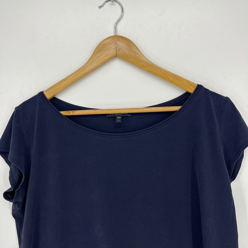 Eileen Fisher Petite Navy Blue 100% Silk Jersey Scoop Neck Cap Sleeve Top PL - Picture 8 of 12